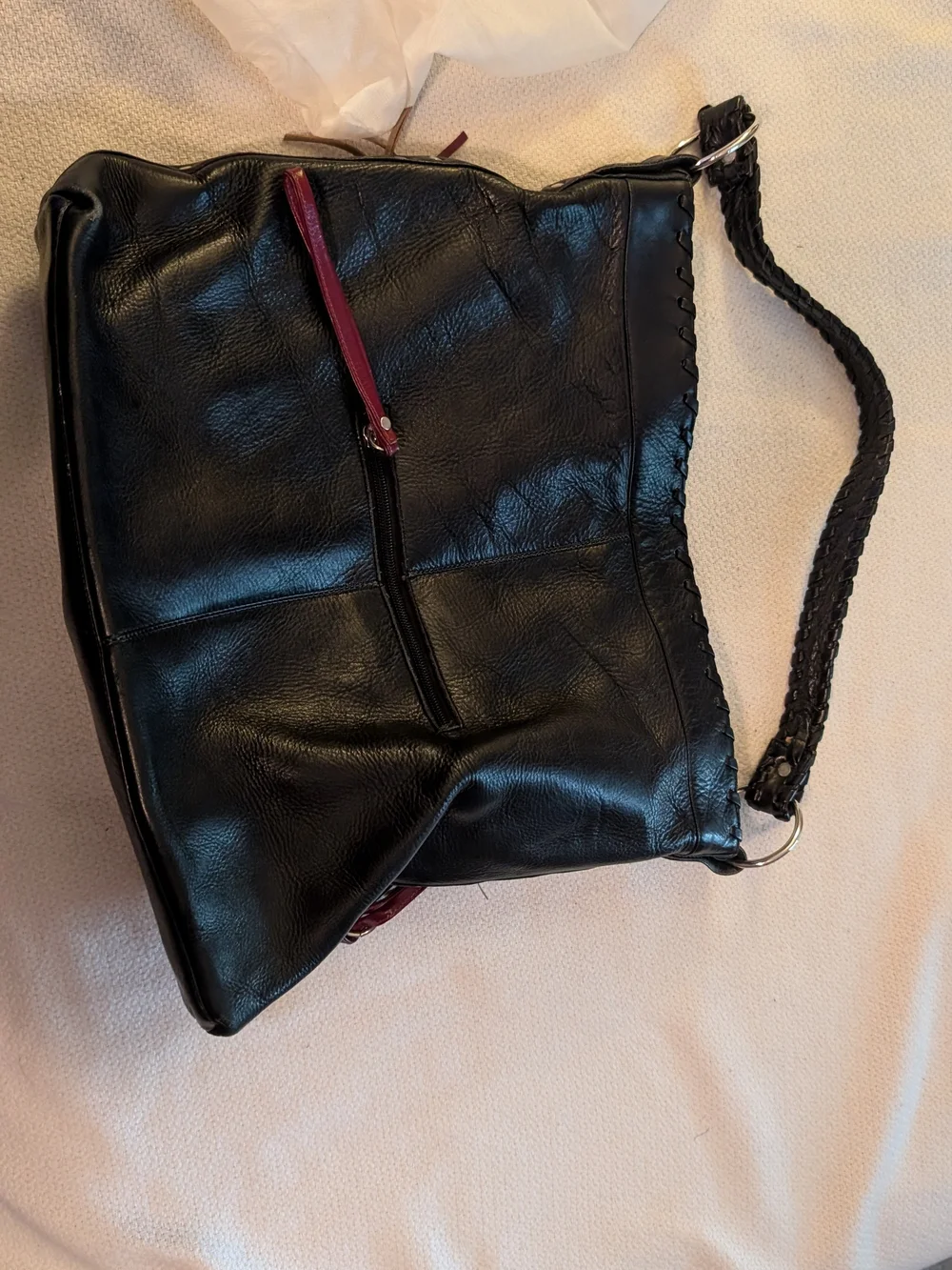 Cape Cod Leather Black Braided-Handle Hobo Bag with Wine Accents